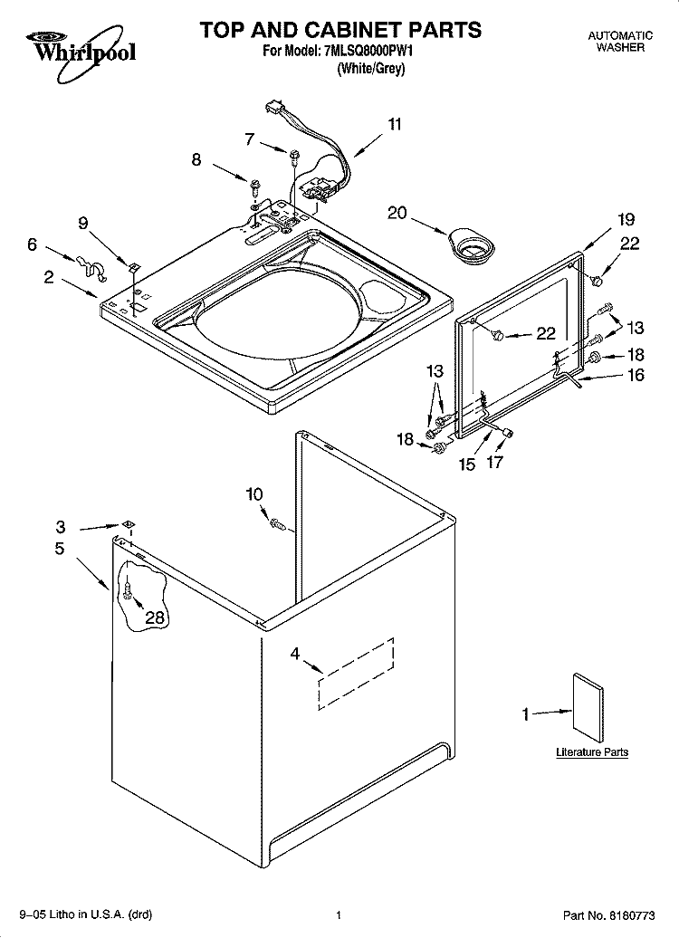 TOP AND CABINET PARTS Diagram and Parts List for 7MLSQ8000PW1  Whirlpool Washer