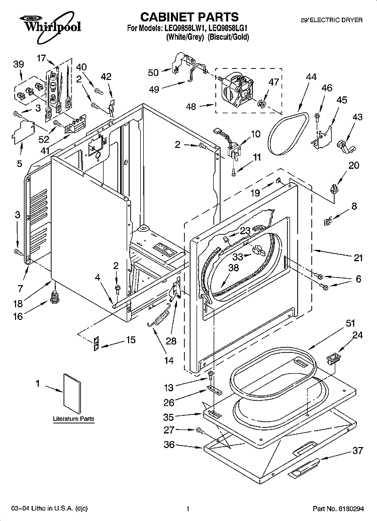 CABINET PARTS Diagram and Parts List for LEQ9858LW1  Whirlpool Dryer