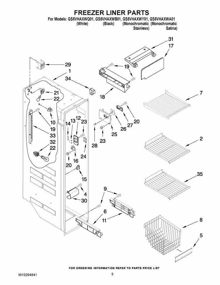 FREEZER LINER PARTS Diagram and Parts List for GS5VHAXWB01  Whirlpool Refrigerator