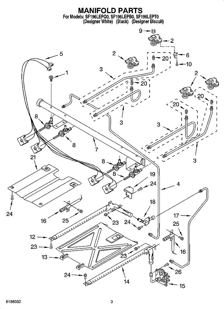 MANIFOLD PARTS Diagram and Parts List for SF196LEPT0  Whirlpool Range