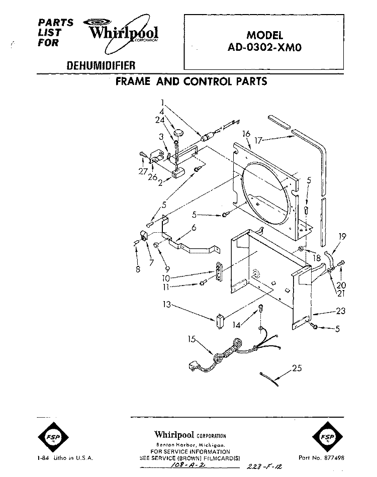 SECTION Diagram and Parts List for AD0302XM0  Whirlpool Dehumidifier