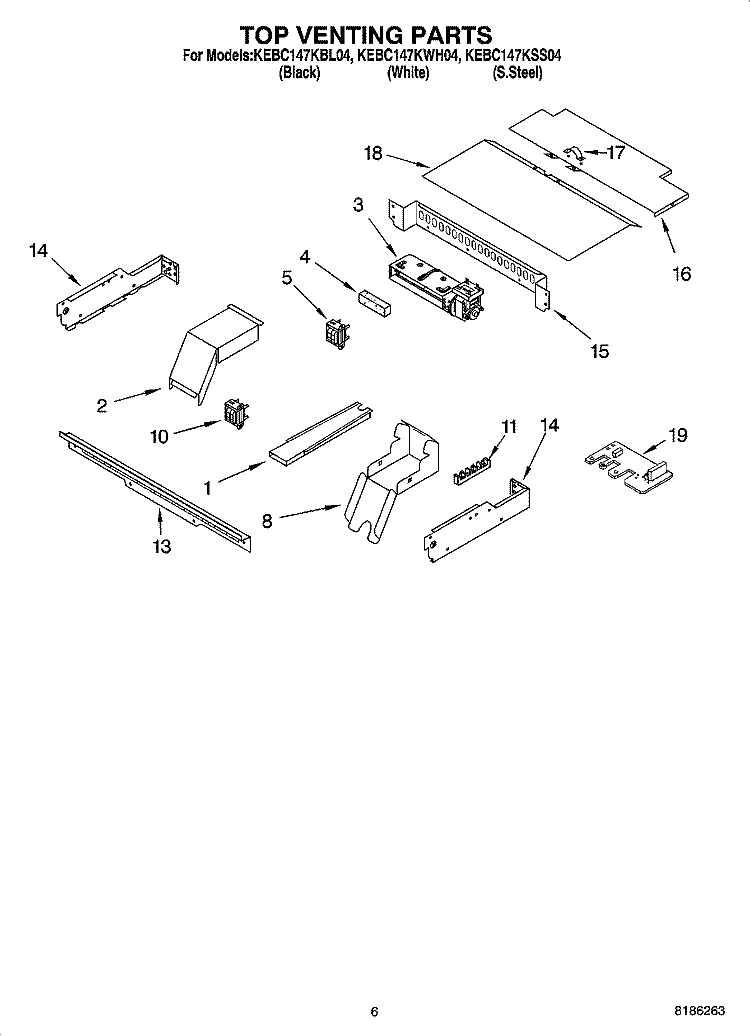 TOP VENTING PARTS, OPTIONAL PARTS Diagram and Parts List for KEBC147KWH04  KitchenAid Range