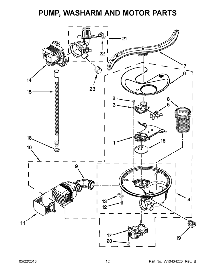 PUMP, WASHARM AND MOTOR PARTS Diagram and Parts List for KUDE60SXSS2  KitchenAid Dishwasher