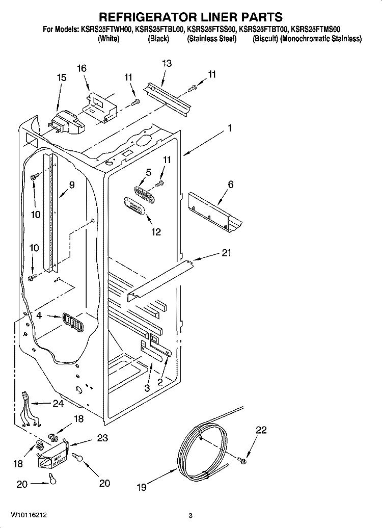 REFRIGERATOR LINER PARTS Diagram and Parts List for KSRS25FTBT00  KitchenAid Refrigerator