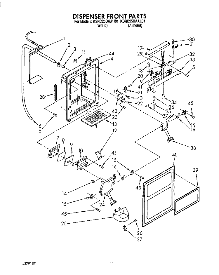 DISPENSER FRONT Diagram and Parts List for KSRC25DAWH01  KitchenAid Refrigerator