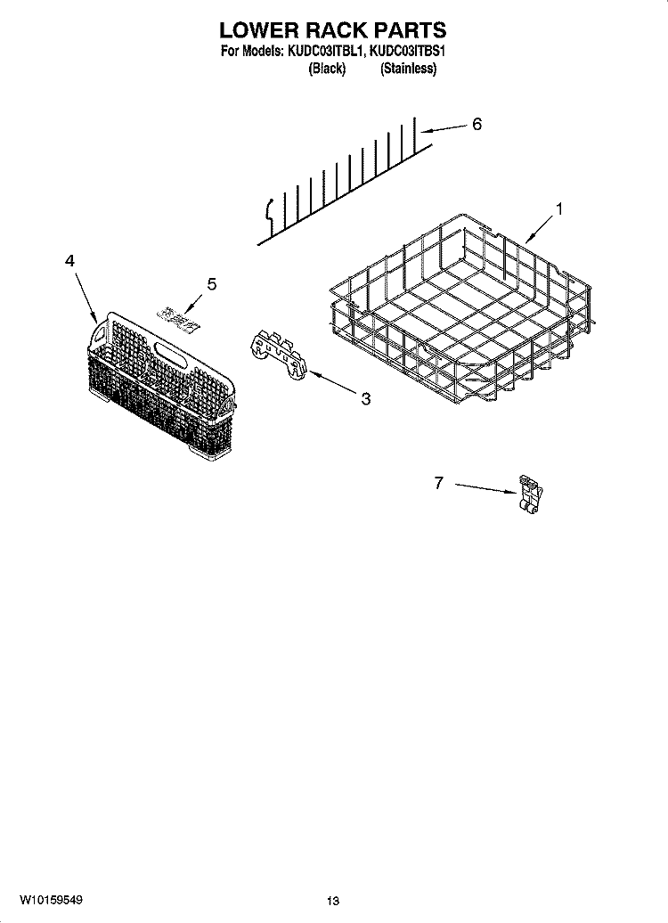 LOWER RACK PARTS, OPTIONAL PARTS (NOT INCLUDED) Diagram and Parts List for KUDC03ITBS1  KitchenAid Dishwasher