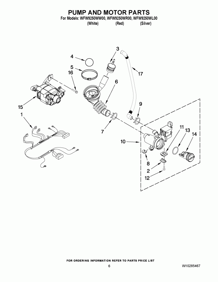 PUMP AND MOTOR PARTS Diagram and Parts List for WFW9250WR00  Whirlpool Washer