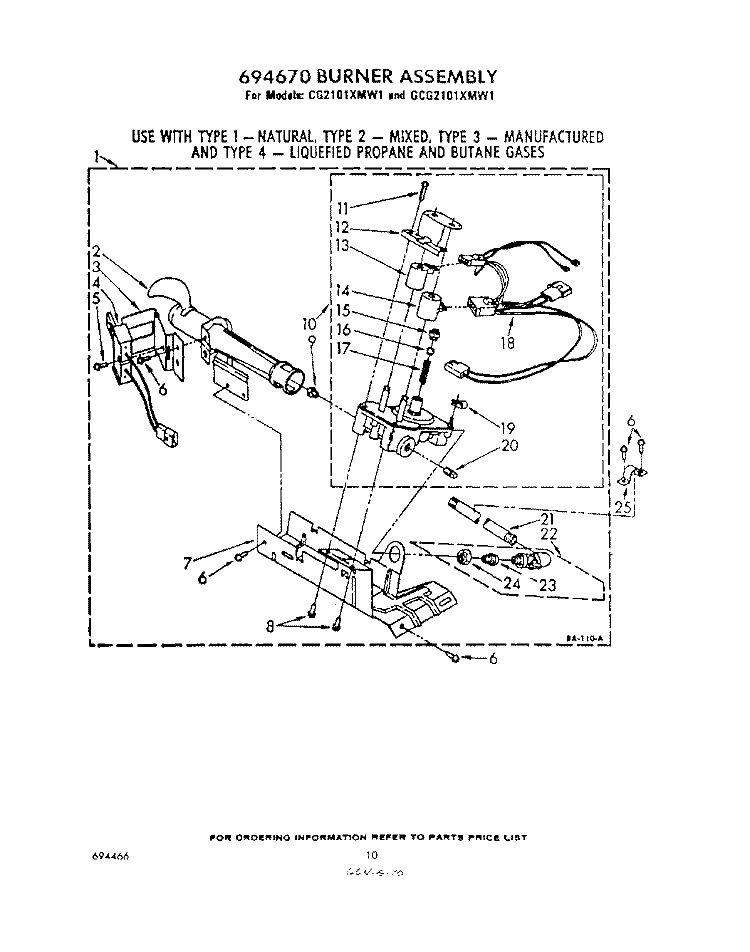 694670 BURNER Diagram and Parts List for GCG2101XMW1  Whirlpool Dryer