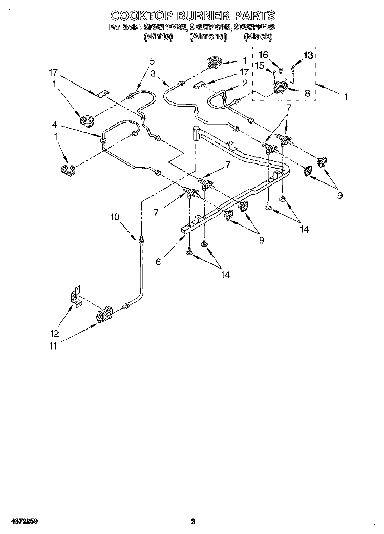 COOKTOP BURNER Diagram and Parts List for SF367PEYB3  Whirlpool Range