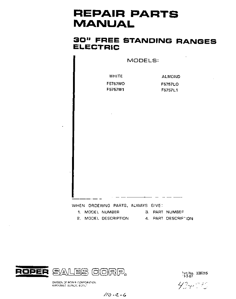 BACKGUARD Diagram and Parts List for F5757W1  Roper Range