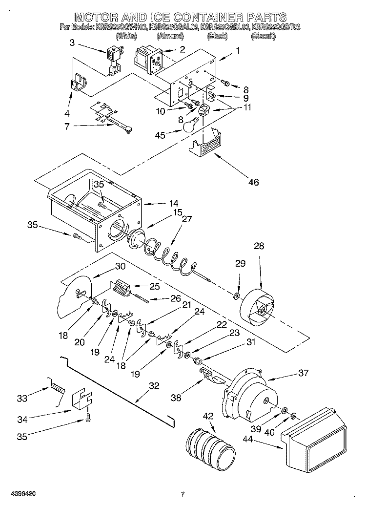 MOTOR AND ICE CONTAINER Diagram and Parts List for KSRS25QGWH03  KitchenAid Refrigerator