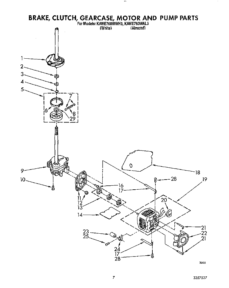 BRAKE, CLUTCH, GEARCASE, MOTOR & PUMP Diagram and Parts List for KAWE760WWH3  KitchenAid Washer