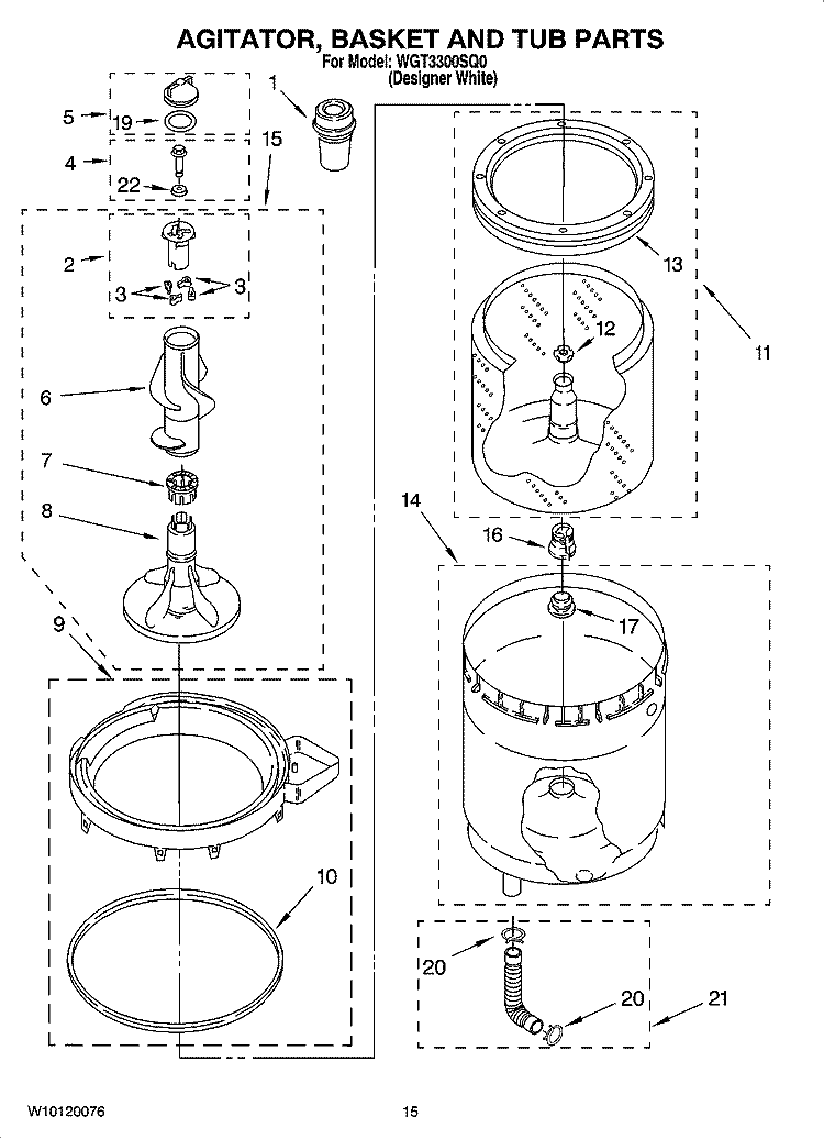 AGITATOR, BASKET AND TUB PARTS Diagram and Parts List for WGT3300SQ0  Whirlpool Washer Dryer Combo