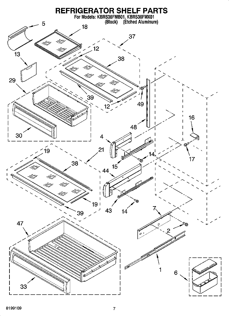 REFRIGERATOR SHELF PARTS Diagram and Parts List for KBRS36FMX01  KitchenAid Refrigerator