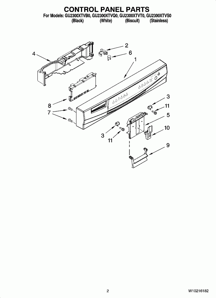 CONTROL PANEL PARTS Diagram and Parts List for GU2300XTVQ0  Whirlpool Dishwasher