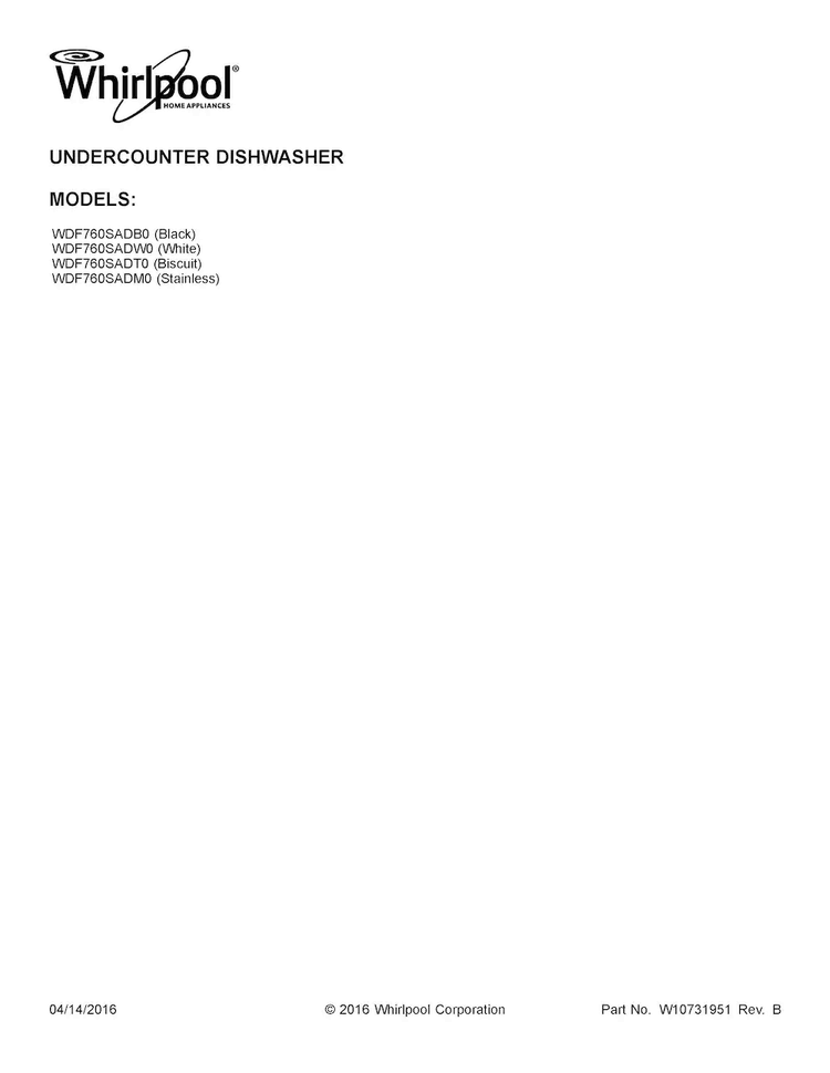 Cover Sheet Diagram and Parts List for WDF760SADB0  Whirlpool Dishwasher