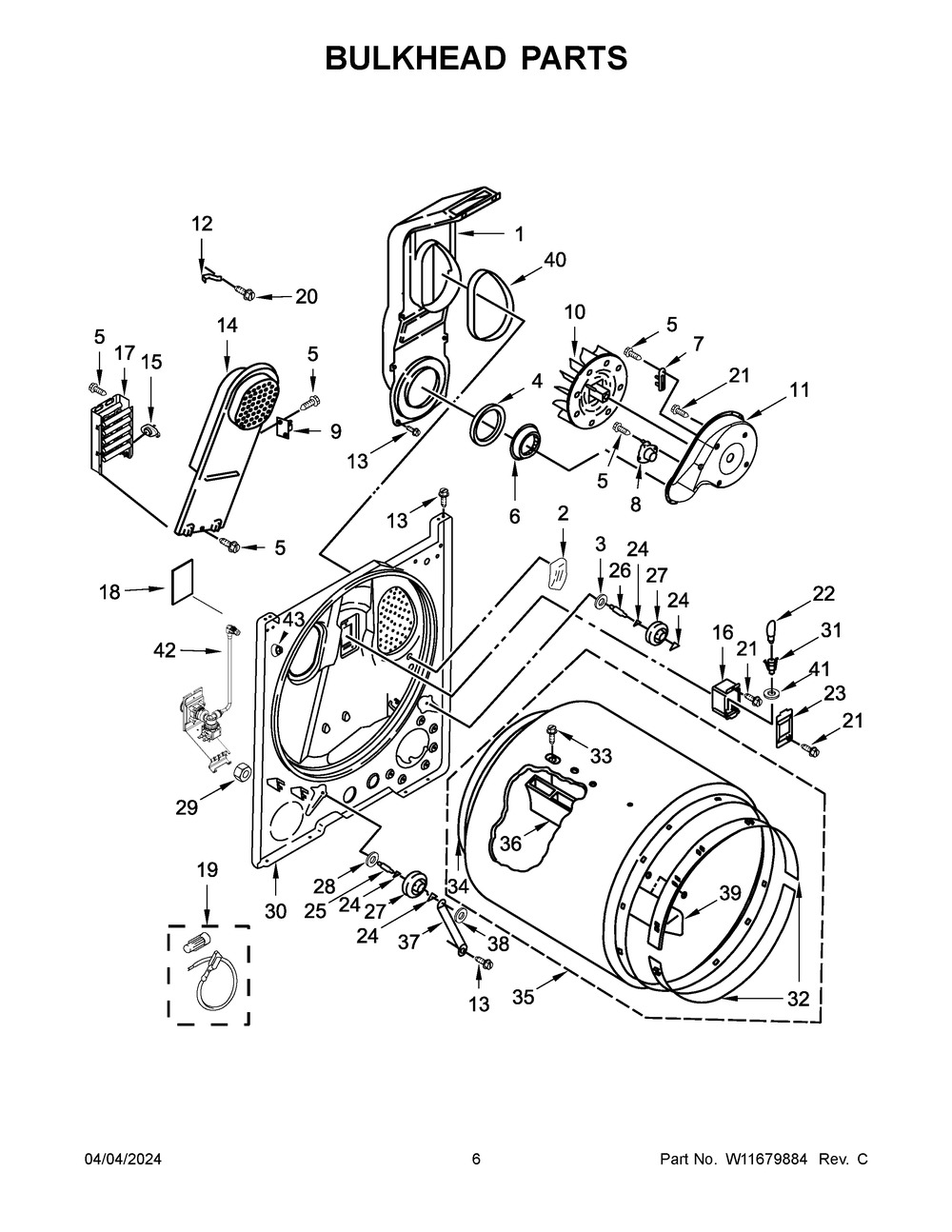 Bulkhead Parts Diagram and Parts List for YWED4815EW2  Whirlpool Dryer