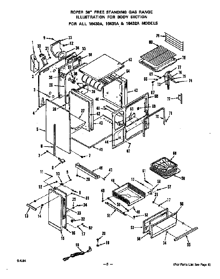 Body Diagram and Parts List for 1643*0A  Roper Range