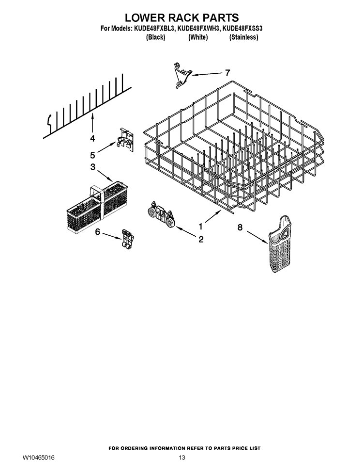 LOWER RACK PARTS Diagram and Parts List for KUDE48FXWH3  KitchenAid Dishwasher