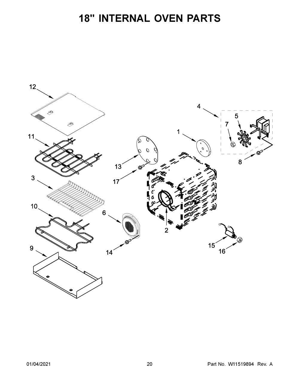 18 Inch Internal Oven Parts Diagram and Parts List for KFDC558JMB01  Whirlpool Range