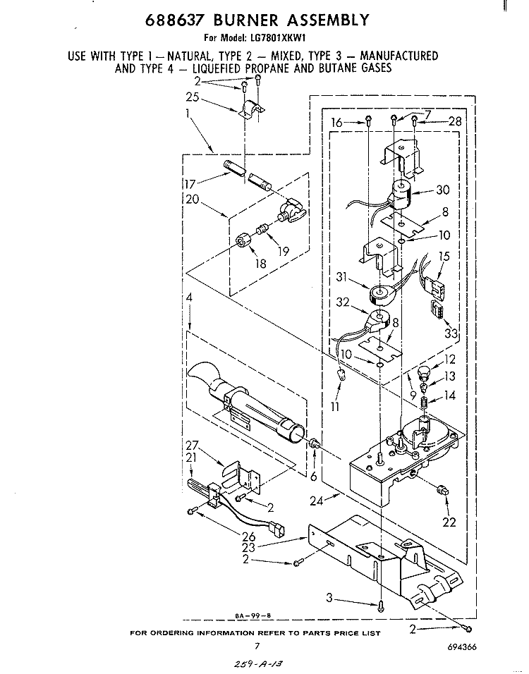688637 BURNER Diagram and Parts List for LG7801XKW1  Whirlpool Dryer
