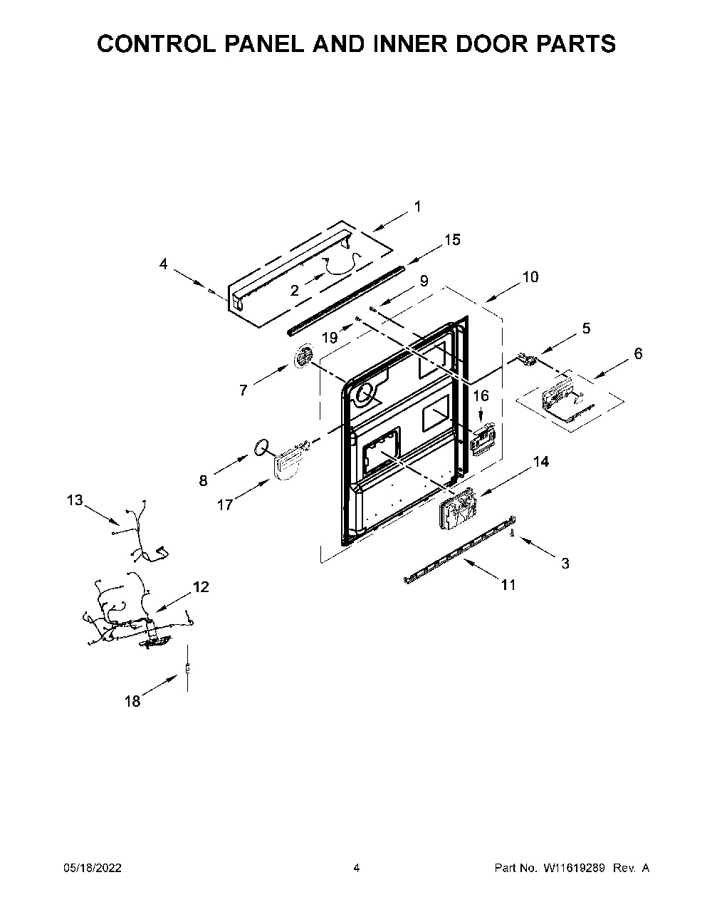 Control Panel And Inner Door Parts Diagram and Parts List for KDTE104KPS1  KitchenAid Dishwasher