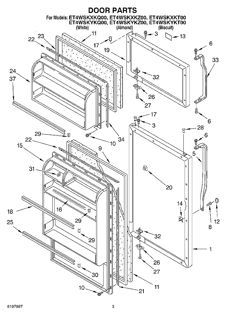 DOOR Diagram and Parts List for ET4WSKYKZ00  Whirlpool Refrigerator