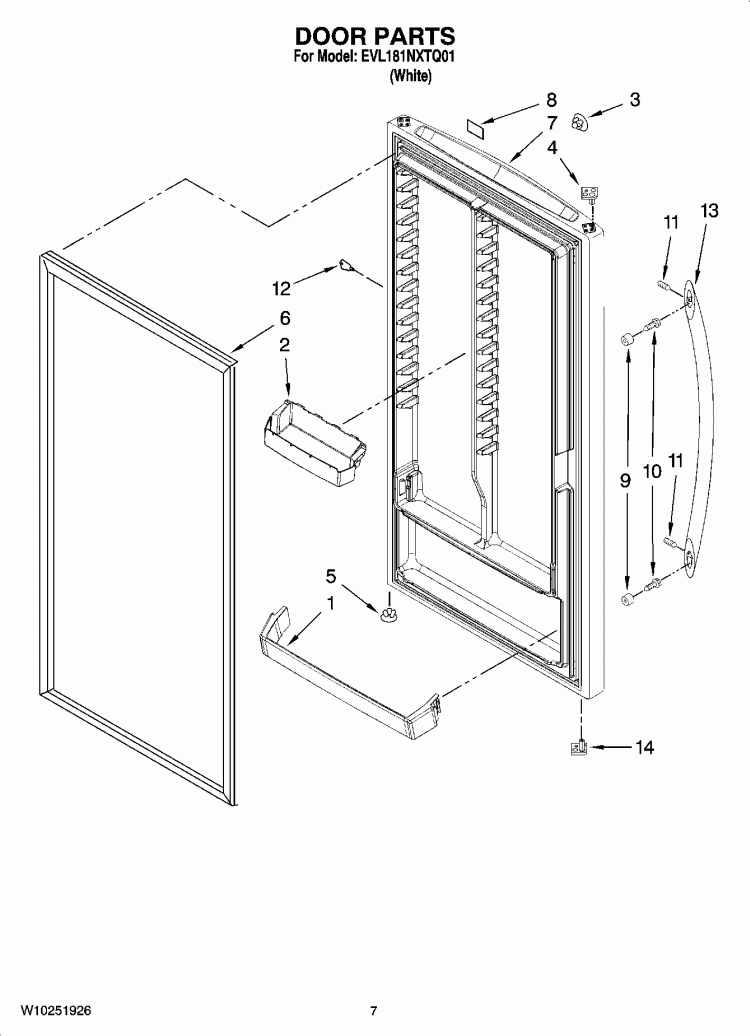 DOOR PARTS, OPTIONAL PARTS (NOT INCLUDED) Diagram and Parts List for EVL181NXTQ01  Whirlpool Freezer
