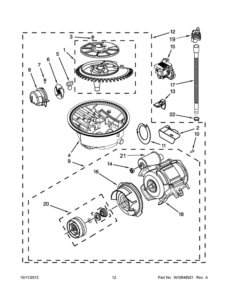 Pump And Motor Parts Diagram and Parts List for KUDS30FXPAA  KitchenAid Dishwasher