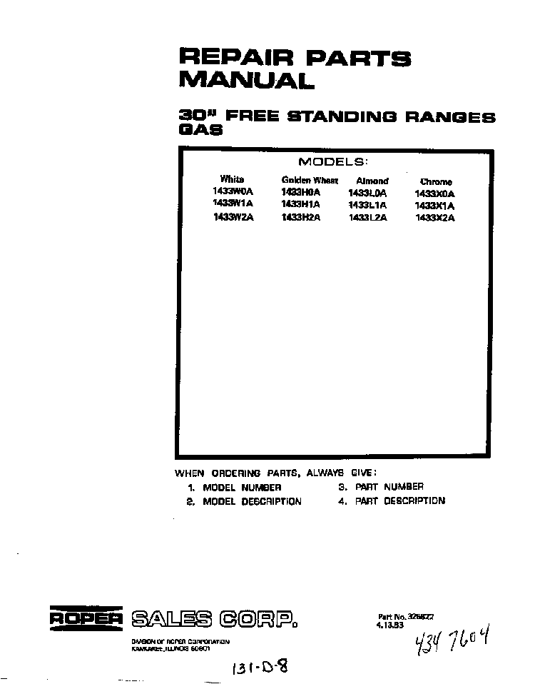Cover Page-text Only Diagram and Parts List for 1433*0A  Roper Range