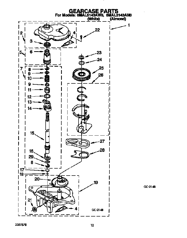 Gearcase Diagram and Parts List for 6MAL5143AW0  Whirlpool Washer