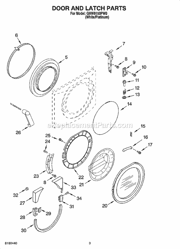 DOOR AND LATCH PARTS Diagram and Parts List for GHW9150PW0  Whirlpool Washer