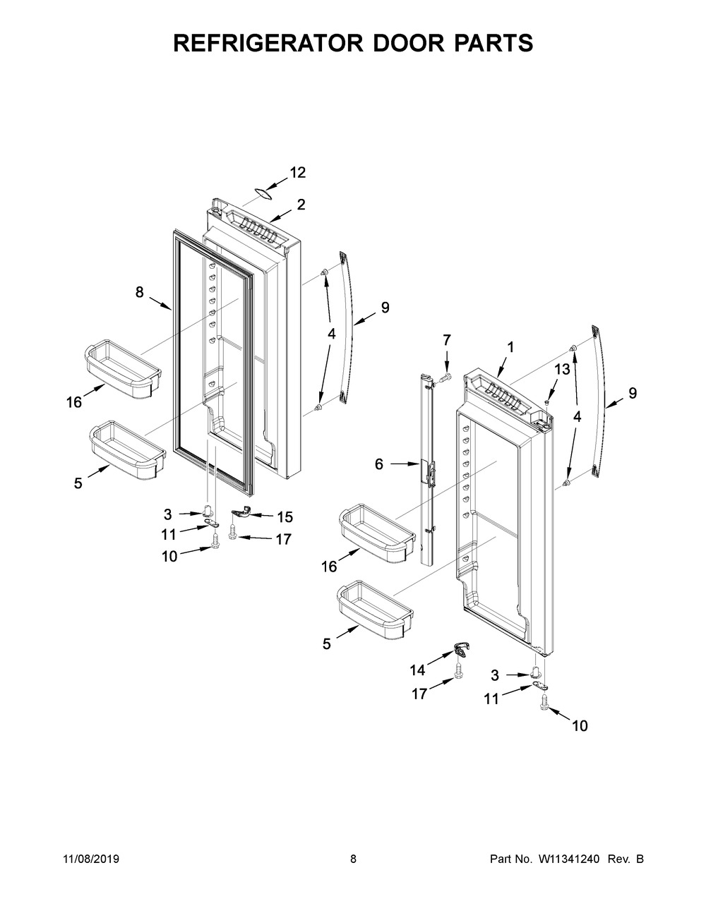 Refrigerator Door Parts Diagram and Parts List for WRF535SWHZ02  Whirlpool Refrigerator