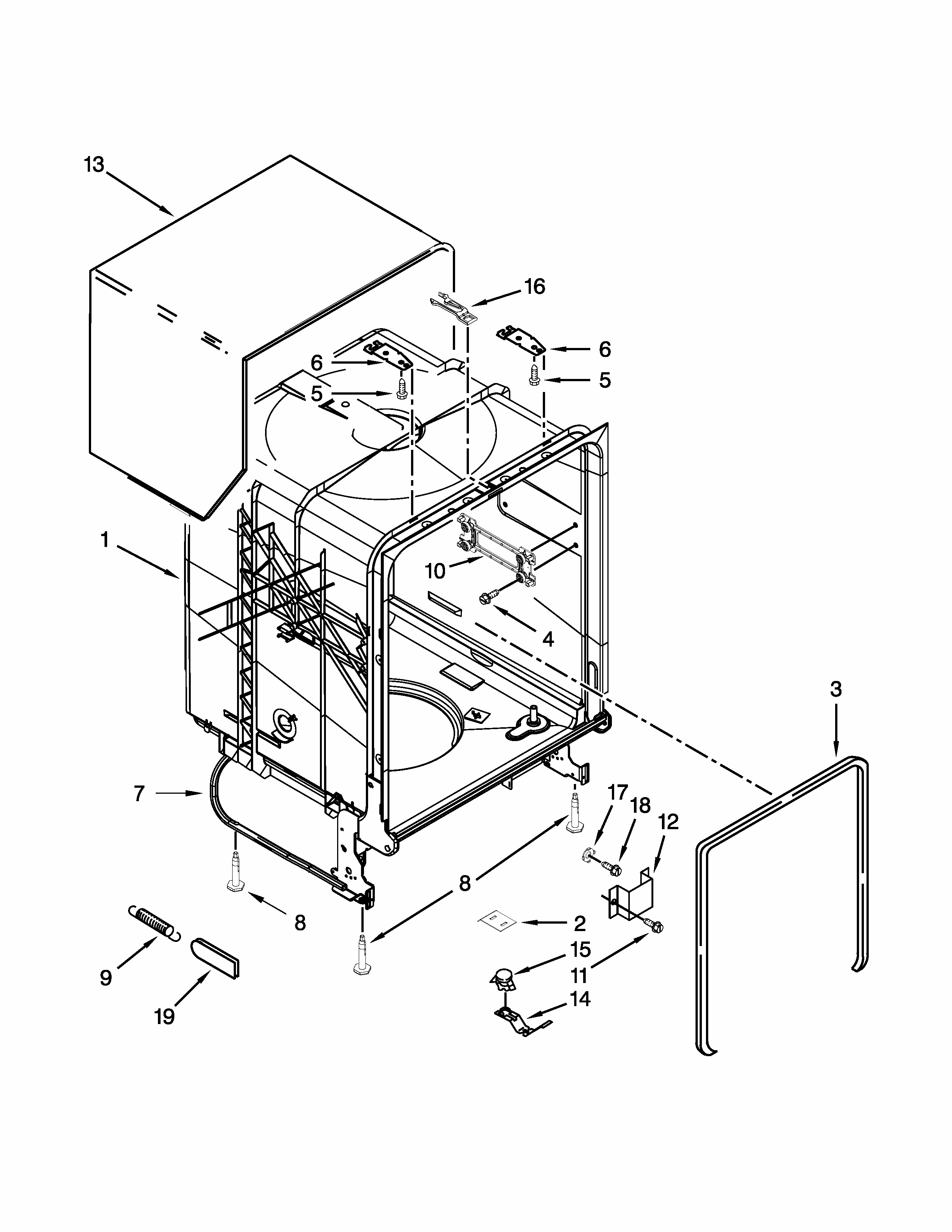Tub And Frame Parts Diagram and Parts List for 66513289K118  Kenmore Dishwasher