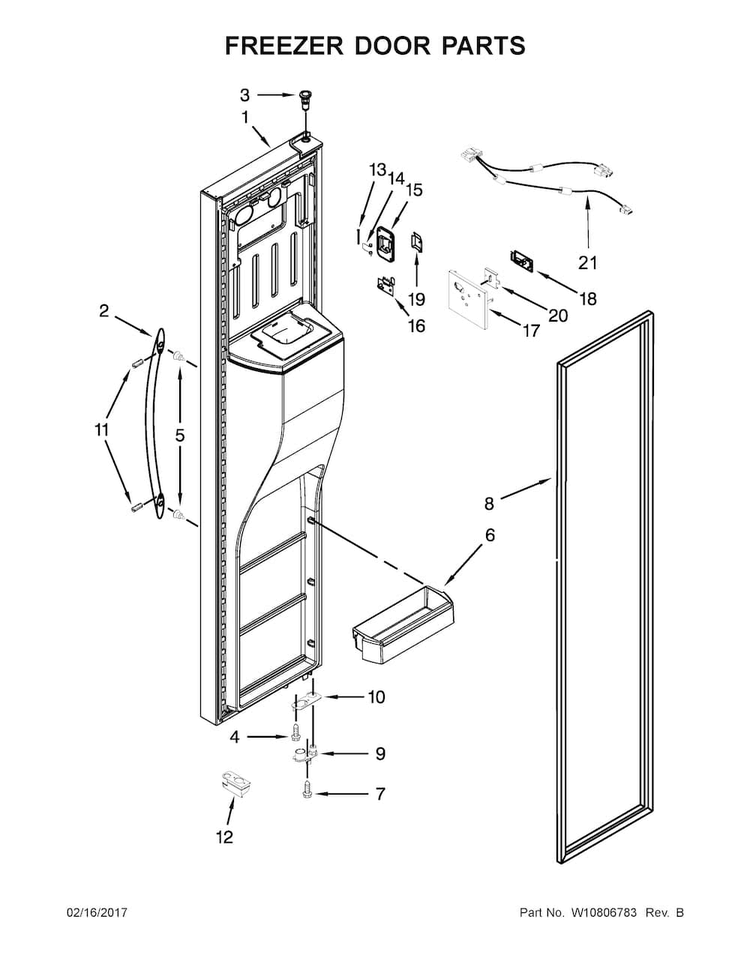 Freezer Door Parts Diagram and Parts List for WRS586FIEE01  Whirlpool Refrigerator