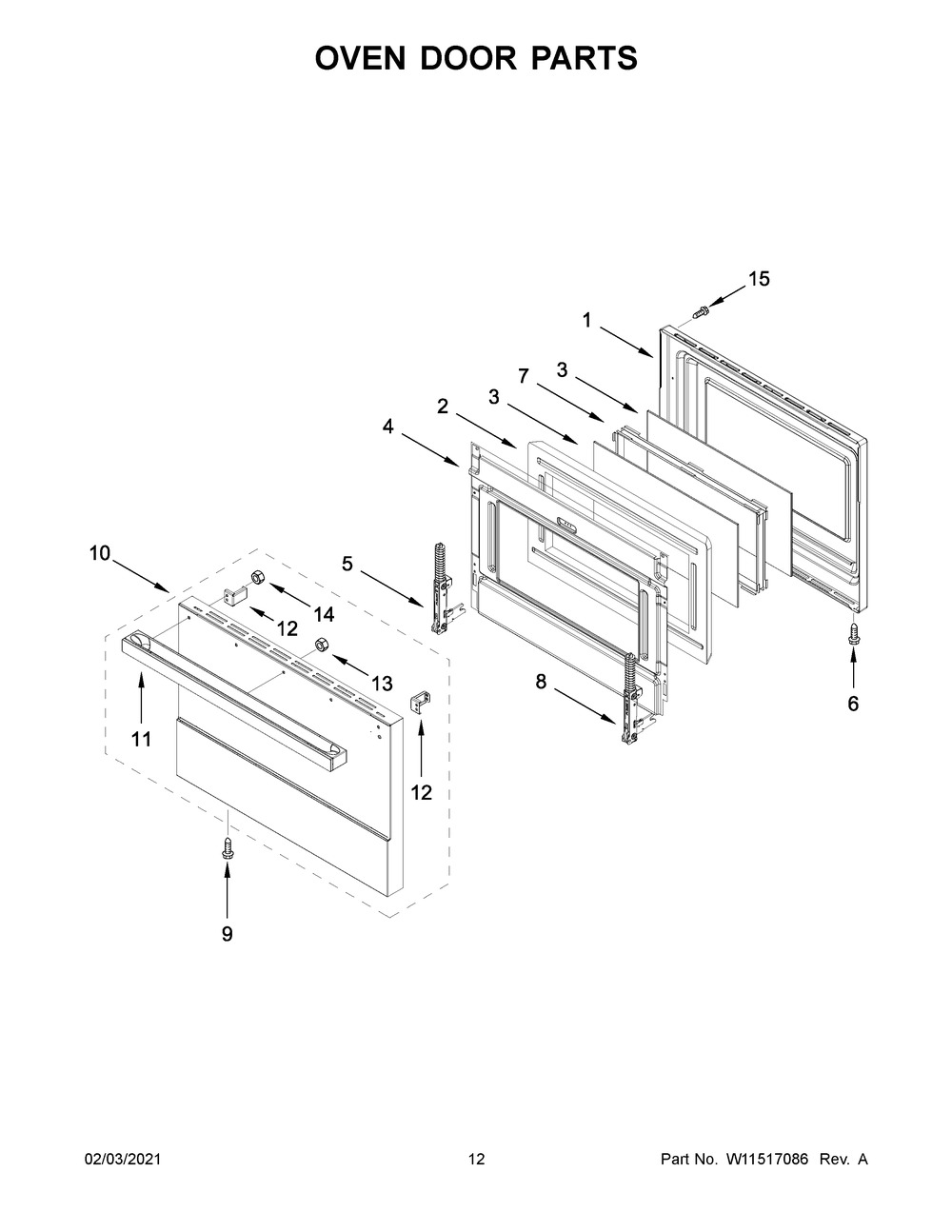 Oven Door Parts Diagram and Parts List for JDRP430HM01  Whirlpool Range