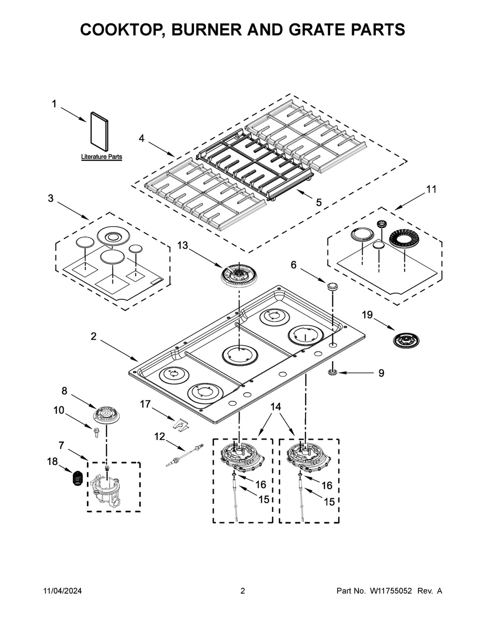 02 - Cooktop, Burner And Grate Parts Diagram and Parts List for KCGS950ESS06  Whirlpool Cooktop
