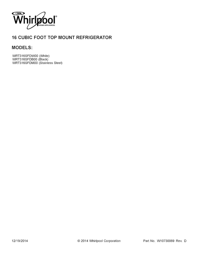 Cover Sheet Diagram and Parts List for WRT316SFDW00  Whirlpool Refrigerator