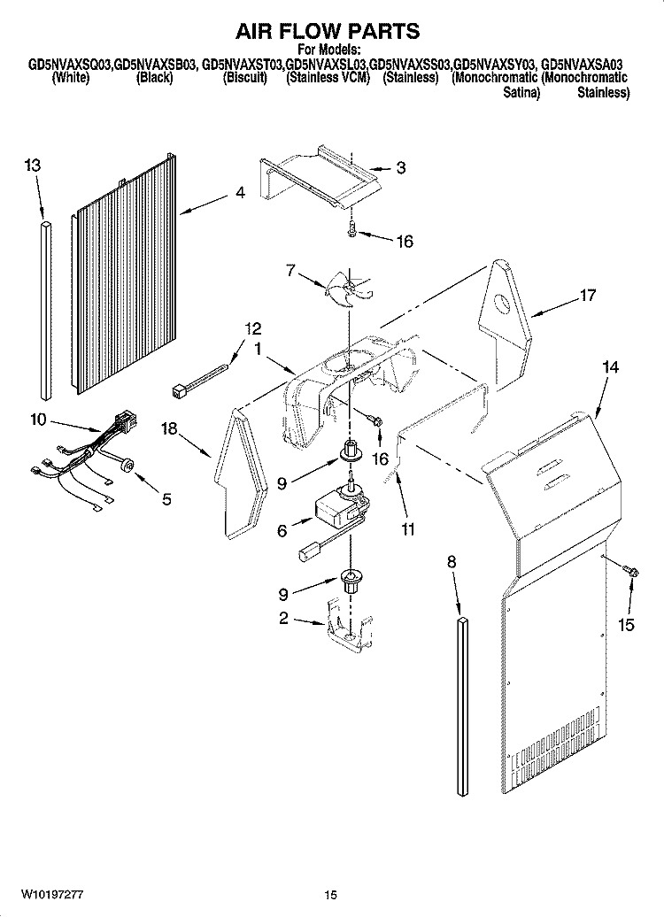 AIR FLOW PARTS Diagram and Parts List for GD5NVAXSB03  Whirlpool Refrigerator