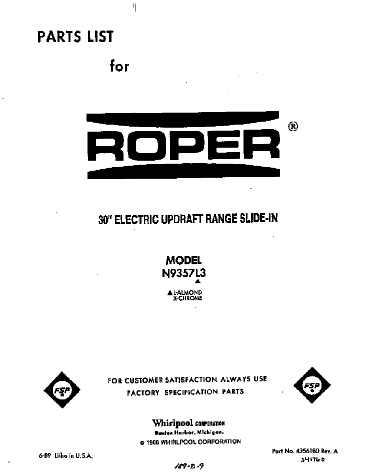 Front Cover Diagram and Parts List for N9357*3  Roper Range