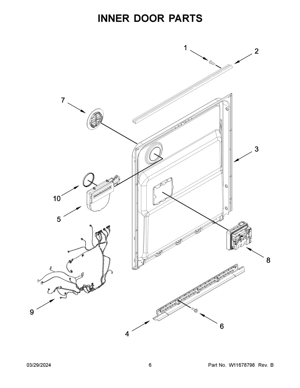 Inner Door Parts Diagram and Parts List for WDT540HAMZ1  Whirlpool Dishwasher