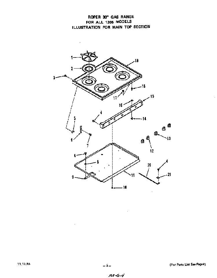 Main Top Diagram and Parts List for 1305*0A  Roper Range
