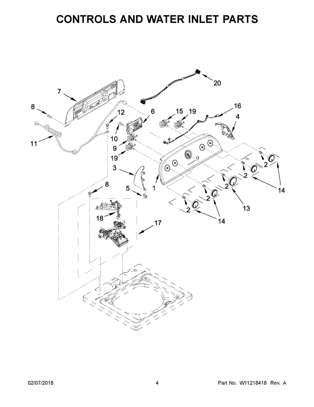 Controls And Water Inlet Parts Diagram and Parts List for WTW4950HW0  Whirlpool Washer