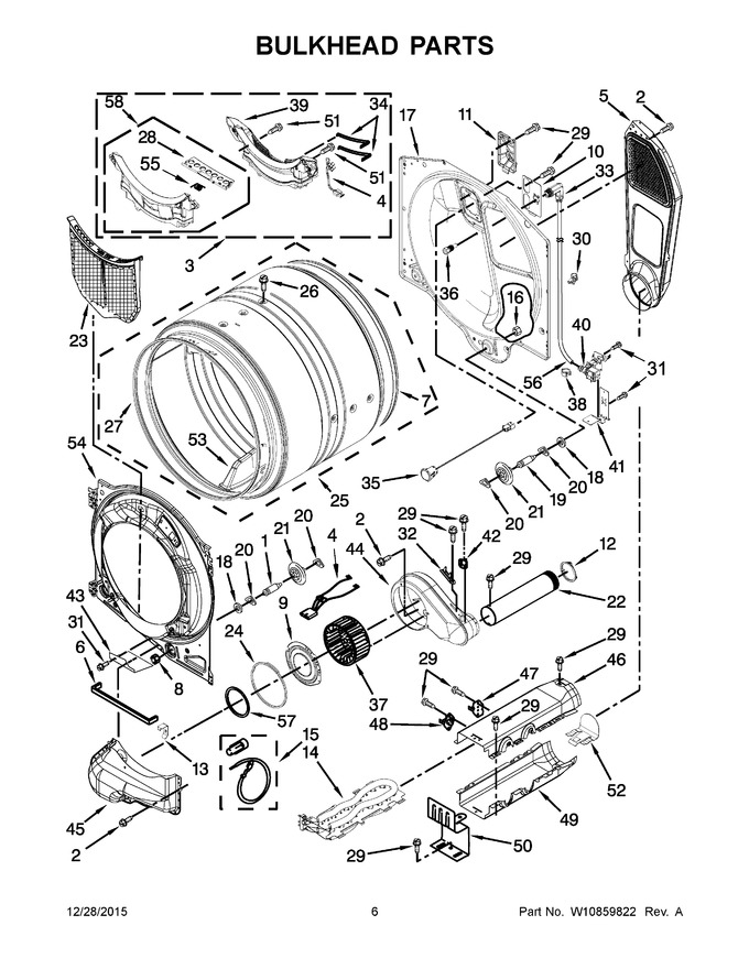 Bulkhead Parts Diagram and Parts List for YWED95HEDW1  Whirlpool Dryer