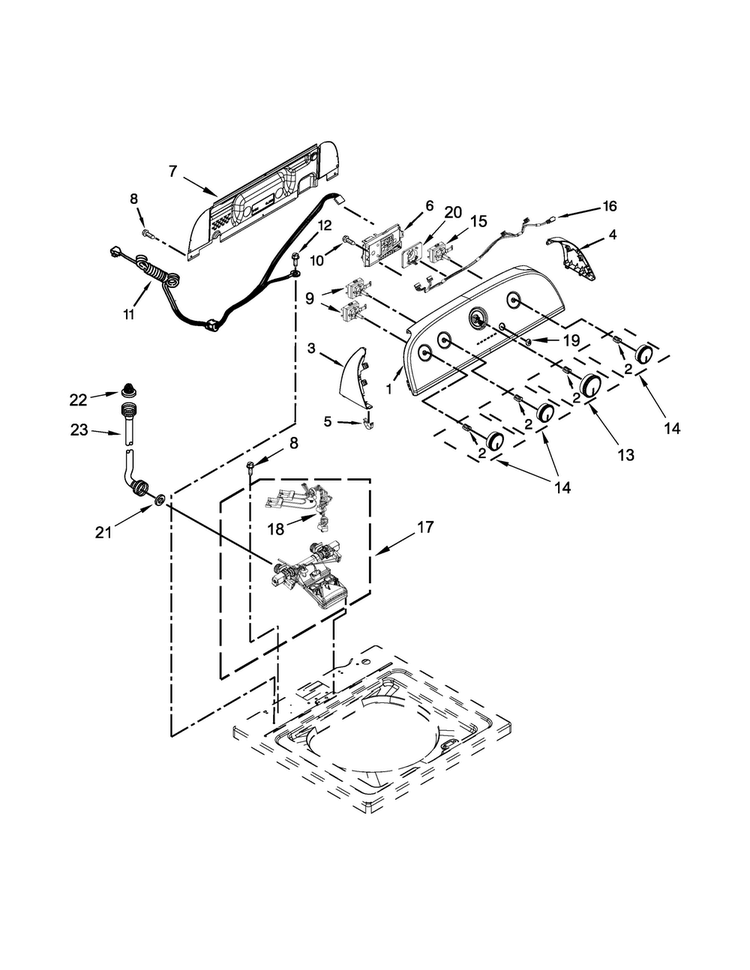Controls And Water Inlet Parts Diagram and Parts List for 7MWTW1905DW1  Whirlpool Washer
