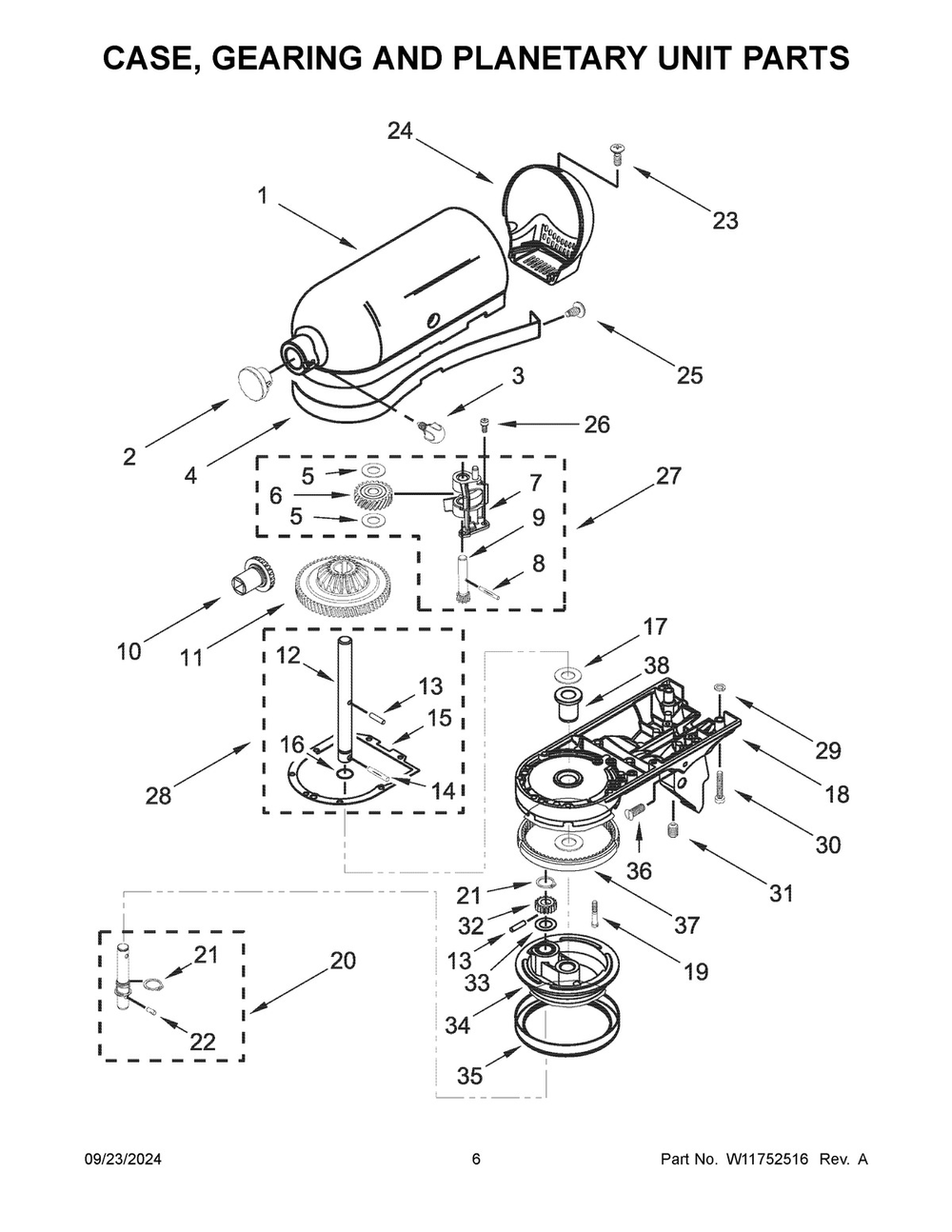 04 - Case, Gearing And Planetary Unit Parts Diagram and Parts List for KSM150PSDC5  Whirlpool Mixer