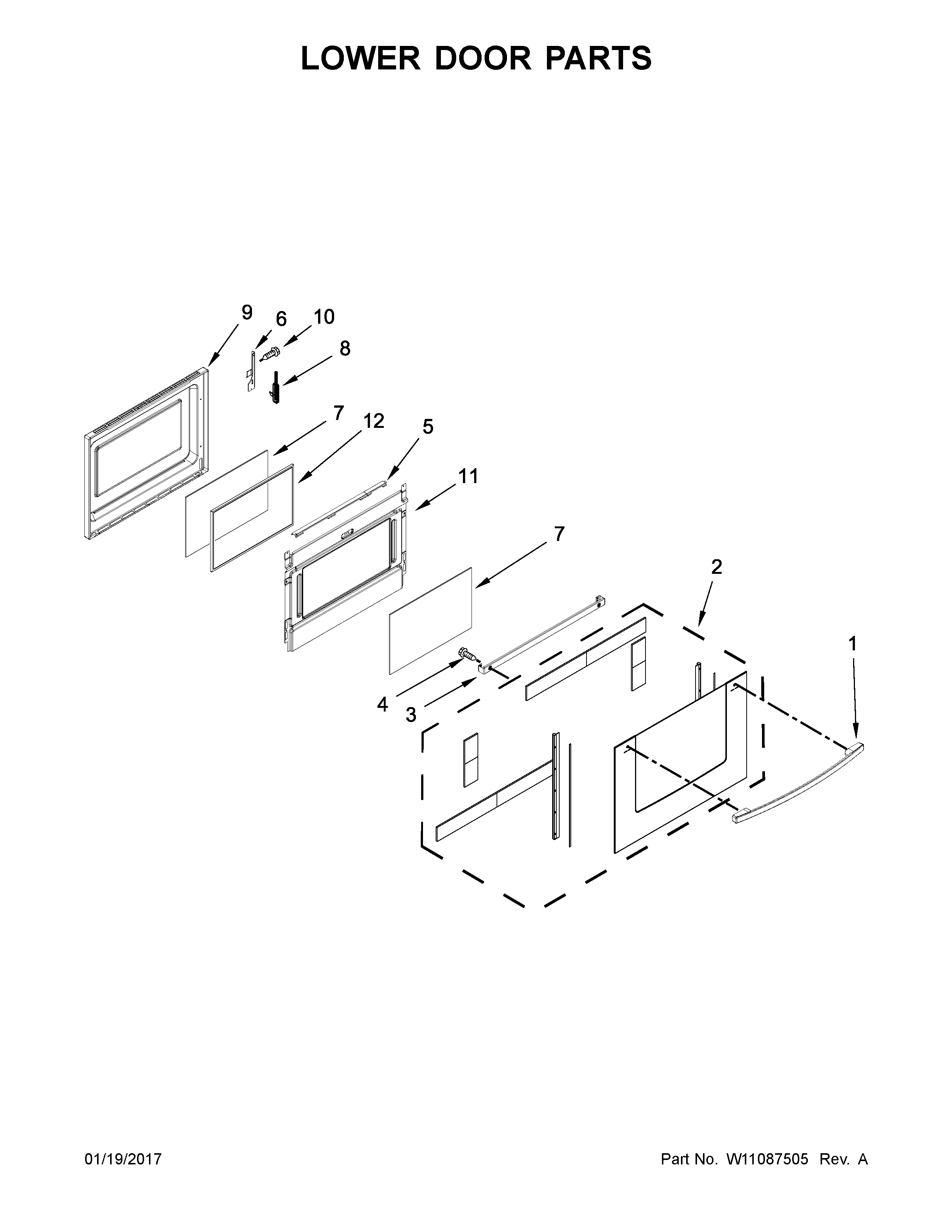 Lower Door Parts Diagram and Parts List for IES900DS03  Whirlpool Range