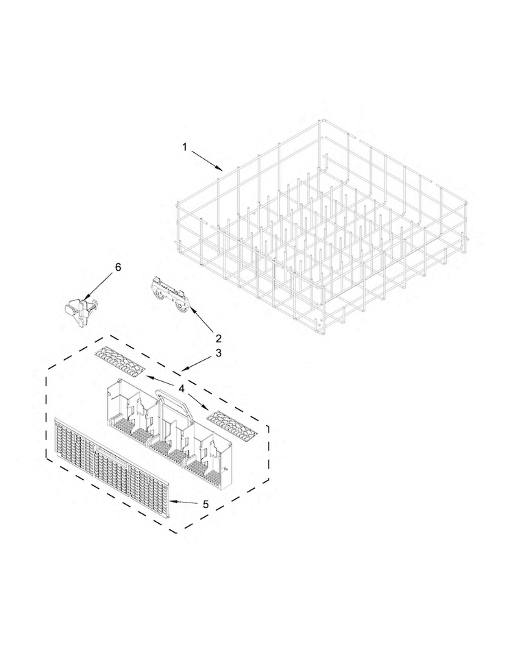 Lower Rack Parts Diagram and Parts List for WDF530PLYM7  Whirlpool Dishwasher