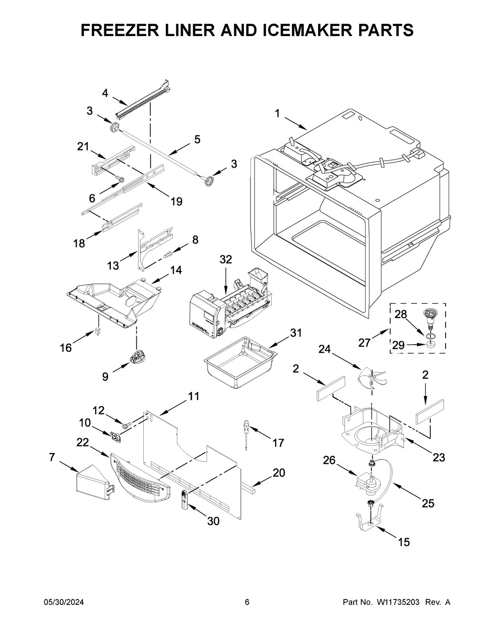 Freezer Liner And Icemaker Parts Diagram and Parts List for KRFC300EWH12  KitchenAid Refrigerator