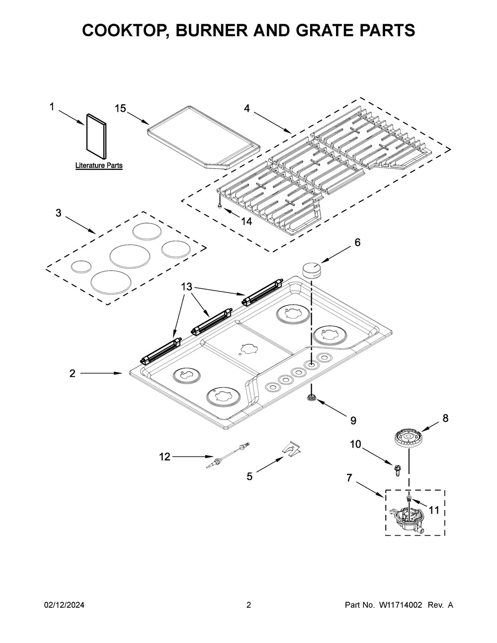 Cooktop, Burner And Grate Parts Diagram and Parts List for WCGK7536PS00  Whirlpool Cooktop